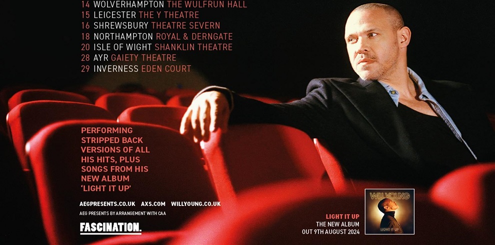 A picture of Will Young sitting in a theater with rows of red seats. He is relaxed, with his right arm stretched out over the back of the seat to his right. At the top left of the image, there is a track listing from his albums.