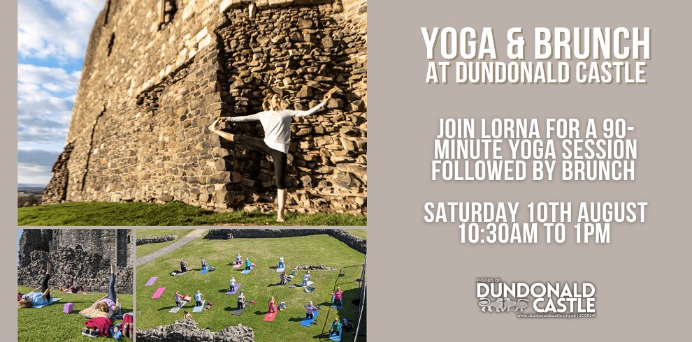 A picture of a lady at Dundonal Castle in a yoga move.