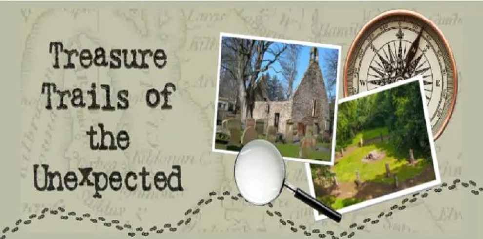 The image says Treasure Trails of the Unexpected and two pictures of landmarks one showing an old church and the other country landscape.