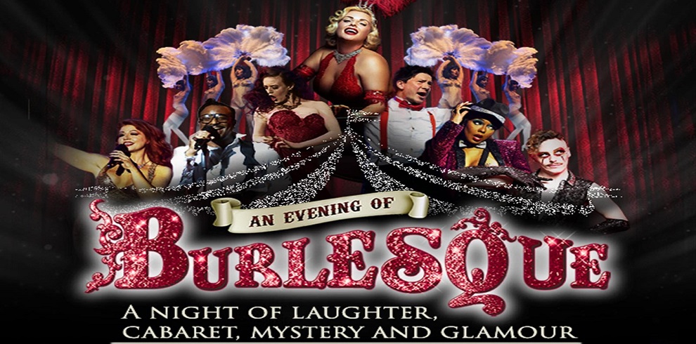 A promotional poster featuring a vibrant burlesque theme. The poster prominently displays the word "Burlesque" in bold, stylish lettering. The background is decorated with dazzling colors, feathers, and glitter, evoking a sense of glamour and excitement. Elements of cabaret, such as sparkling lights and silhouettes of performers, enhance the theatrical atmosphere, inviting viewers to experience a night of entertainment and allure.