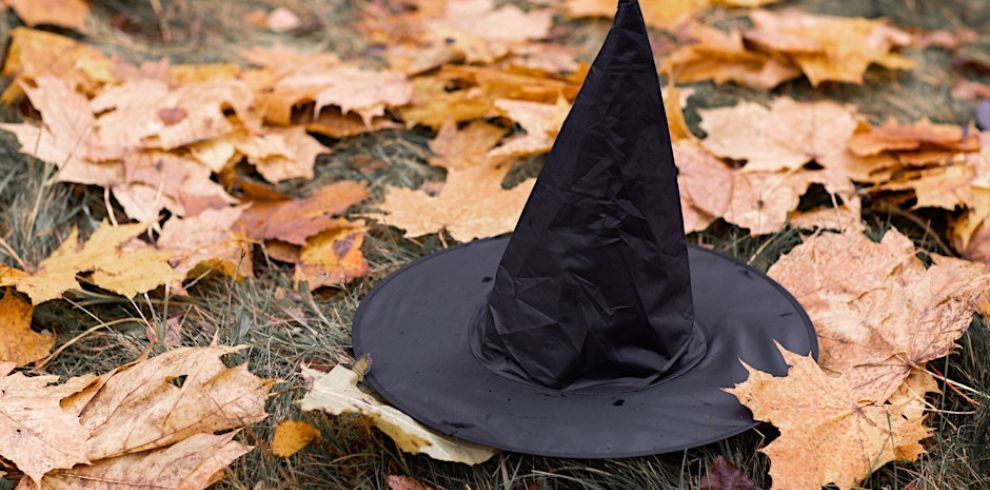 Black pointy withces hat sitting on autumn leaves.