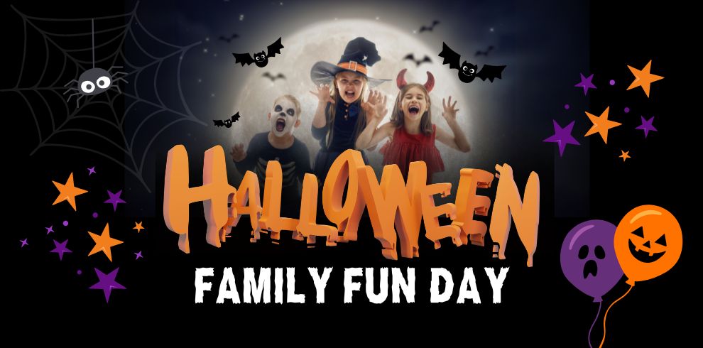 Spooky characters on a black background. Text reads Halloween Family Fund day.