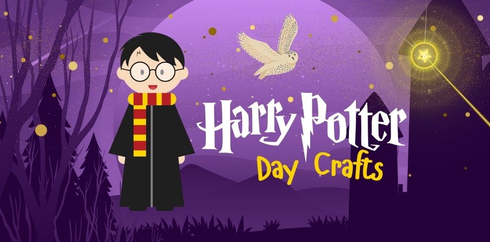 A cartoon image of Harry Potter standing in a dark forest with an own and the text says Harry Potter Day Crafts.