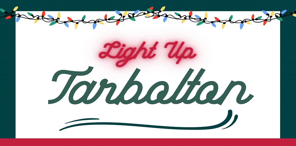 christmas themed image that says light up tarbolton. With colourful fairy lights at the top of the image giving a festive feel.