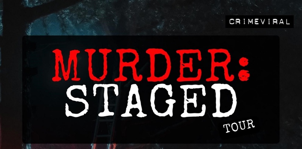 The image features a plain black background with the text "Murder Staged Tour" prominently displayed. The word "Murder" is in bold red font, making it stand out with a sense of urgency or danger, while "Staged Tour" is written in a more neutral color and font. The dark background and striking red font for "Murder" suggest a dramatic or suspenseful theme, related to crime or mystery.