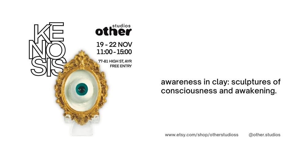 A picture of Open Studios art work mounted on a white background with the text sayin awareness in clay: sculptures of counsciousness and awakening.