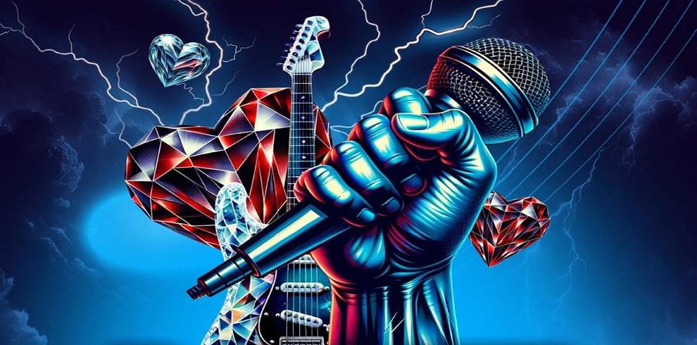 A vibrant, dynamic image featuring a large hand gripping a microphone, with a bold guitar in the background. Lightning strikes across the sky, adding a dramatic, electrifying feel, reminiscent of powerful rock ballads.