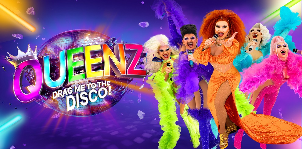 A picture of the stage act artists dressed with feather boas and looking colourful. The title says Queenz disco.