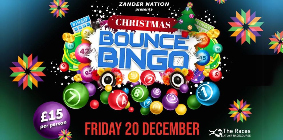 An image with bingo balls that says 'Zander Nation, Christmas Bounce Bingo, Friday 20 December.