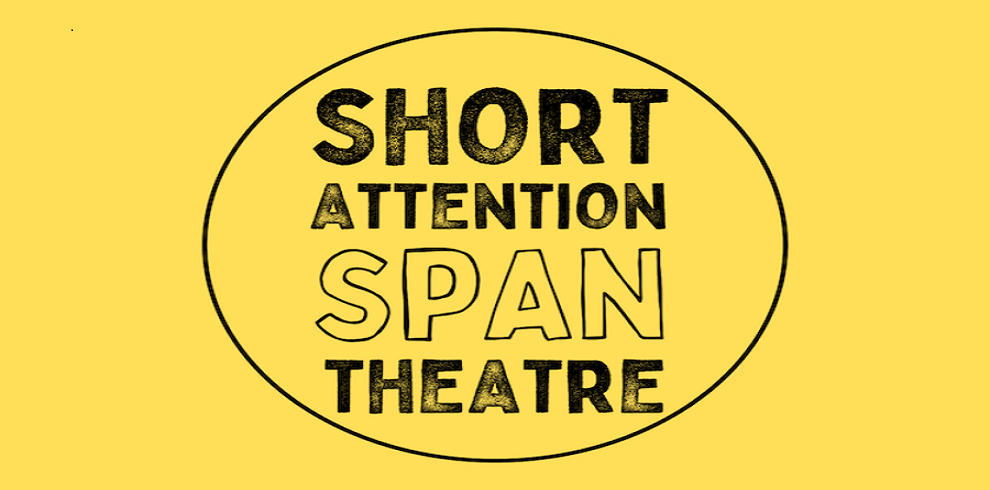 A yellow background with a black circle border and the text Short Attention Span Theatre written in the middle of the circle.