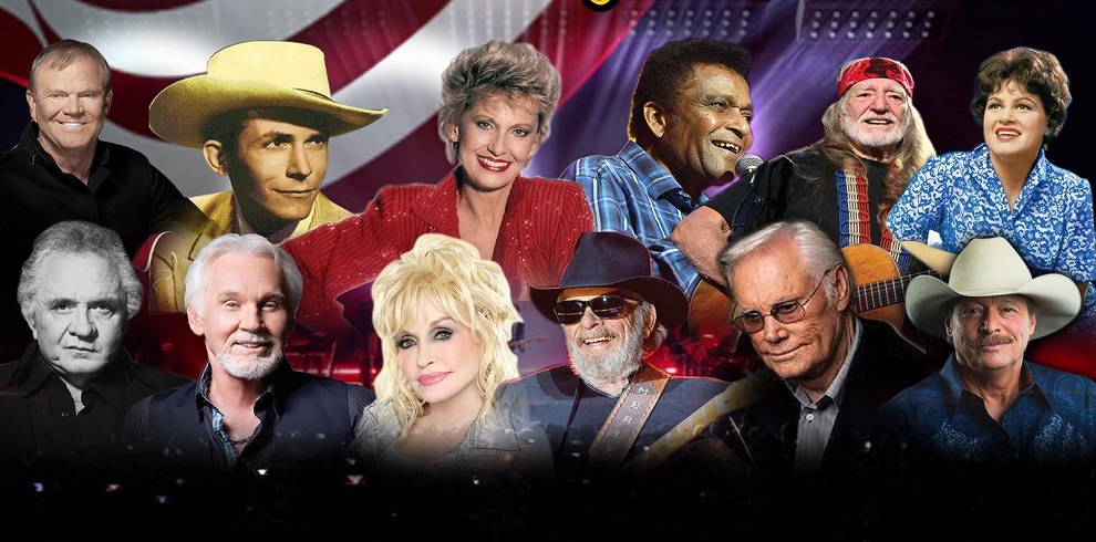 The image features a collage of iconic country music legends, both male and female, with their likenesses arranged together. The background shows an American flag and stage lighting, emphasizing the theme of country music. Some individuals are depicted wearing cowboy hats and traditional country attire, including guitars. Among the prominent figures in the center is a woman with blonde hair styled in a big hairdo, alongside other recognizable musicians, indicating that this might represent a tribute to influential country music stars. The overall design suggests a celebration of the history of American country music.