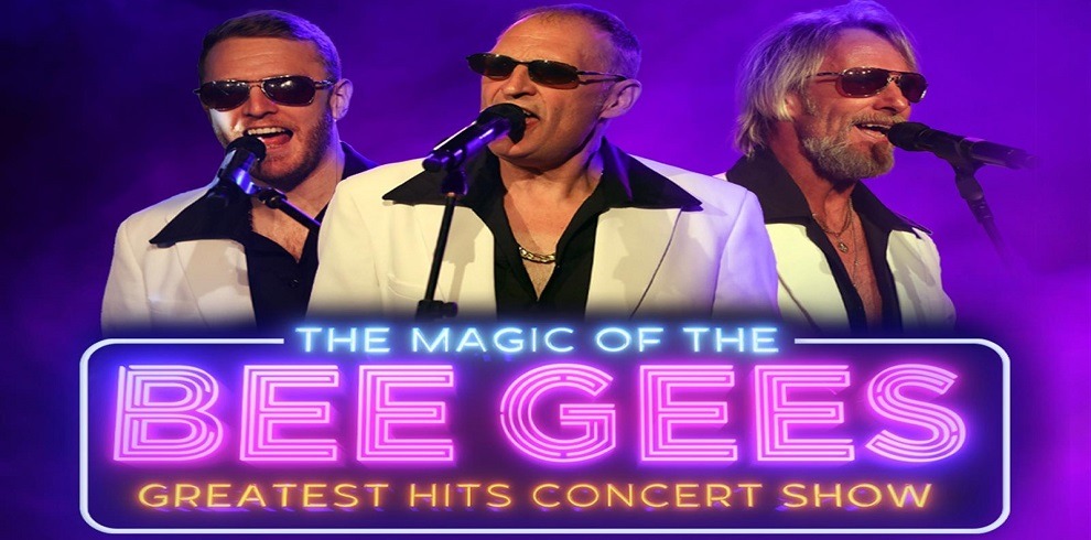 The image shows the cast of 'The Magic of the Bee Gees' stage show standing together. They are dressed in 1970s-style outfits reminiscent of the Bee Gees' iconic look. Bold text at the top reads 'The Magic of the Bee Gees Greatest Hits Concert Show,' promoting the performance. The cast members are smiling, ready to entertain with a nostalgic tribute to the legendary band.