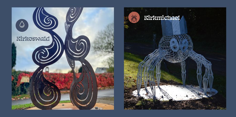 Photographs of two sculptures in Kirkmichael and Kirkoswald. The Kirkoswald – Droplets – The Baptism and Kirkmichael – Spider – Ettercap.