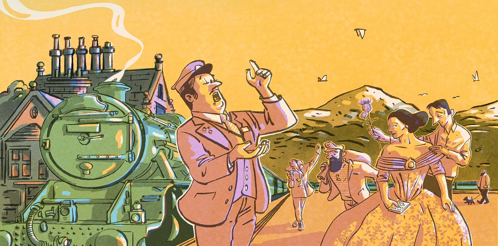 Illustration for Opera Highlights advertisement: A lively scene set against a vibrant yellow sky with a mix of historical and modern elements. A steam train with prominent smokestacks is stationed to the left, evoking classic travel imagery. A conductor in a traditional uniform is gesturing animatedly as if announcing something exciting. To the right, elegantly dressed opera characters, including a woman in a large, ornate gown, interact in a stylized countryside setting. In the background, snow-capped mountains and flying paper airplanes add whimsical elements, blending the old-world charm of opera with modern, playful touches.