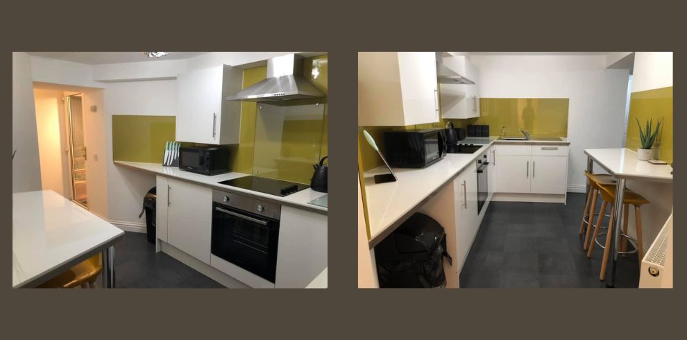 Two images of a kitchen.