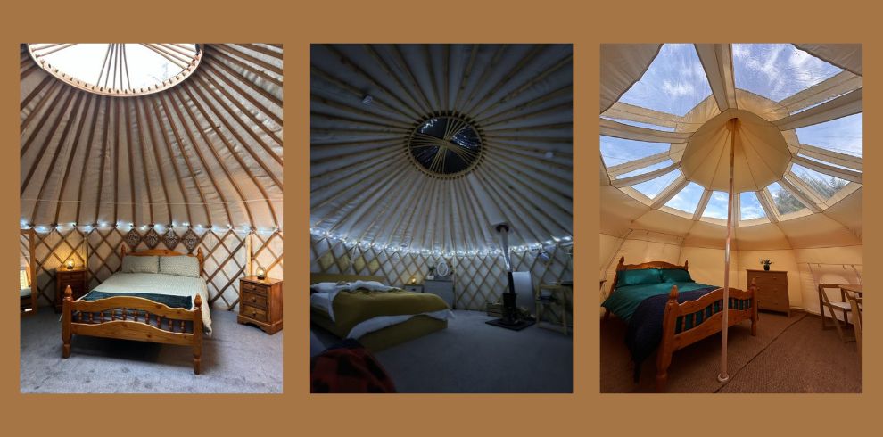 The interior of a glamping yurt.