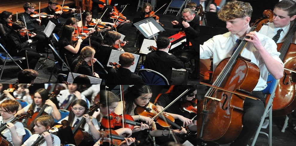 A collage of photographs showcasing a student orchestra performing on stage. The main image features a conductor leading a group of violinists and other string musicians reading sheet music. Smaller inset images highlight individual musicians, including a young cellist in a white shirt and tie, violinists focusing on their performance, and a broader view of the ensemble. The musicians are dressed in formal attire, and the setting suggests a school or community orchestra performance.