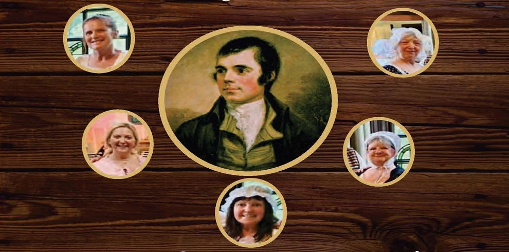 This image features a central portrait of a man in historical attire, surrounded by smaller oval portraits of five women. The man, painted in a classical style, appears to be Robert Burns, a famous Scottish poet. The women are shown in modern photographs, each wearing attire reminiscent of historical or traditional Scottish clothing. The portraits are placed on a wooden background, with the central portrait prominently highlighted.