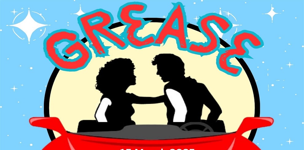 A promotional leaflet for the theatre production of Grease. It shows a silhouette of Sandy and Danny sitting on a red car with the moonlight in the background and the title Grease.