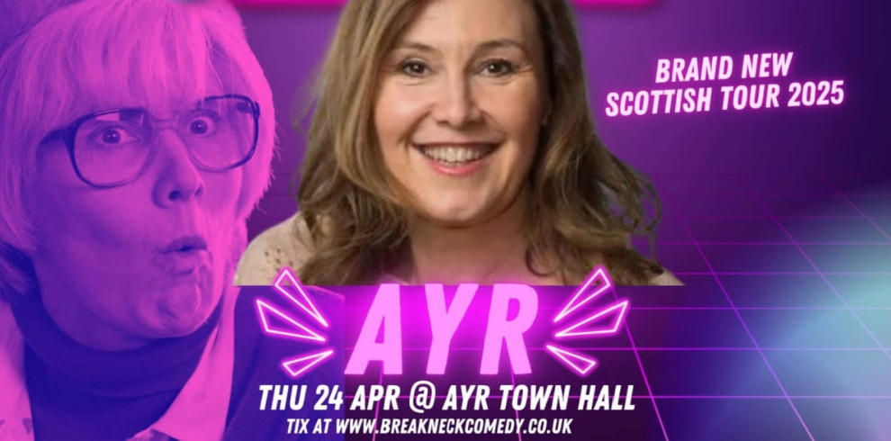 This promotional image features vibrant neon-colored accents and promotes "Still Game" star Jane McCarry's upcoming performance in Ayr. On the left, a close-up of Jane McCarry in character with exaggerated glasses and a surprised expression is shown in pink and purple hues. On the right, a more natural photo of her smiling is presented in full color. The text reads: "Brand New Scottish Tour 2025" in the top right. In the center, bold pink neon-style text states "AYR." Below it, event details: "Thu 24 Apr @ Ayr Town Hall" At the bottom, "Tix at www.breakneckcomedy.co.uk" in white text. The background has a retro, grid-like aesthetic with purple and blue tones.