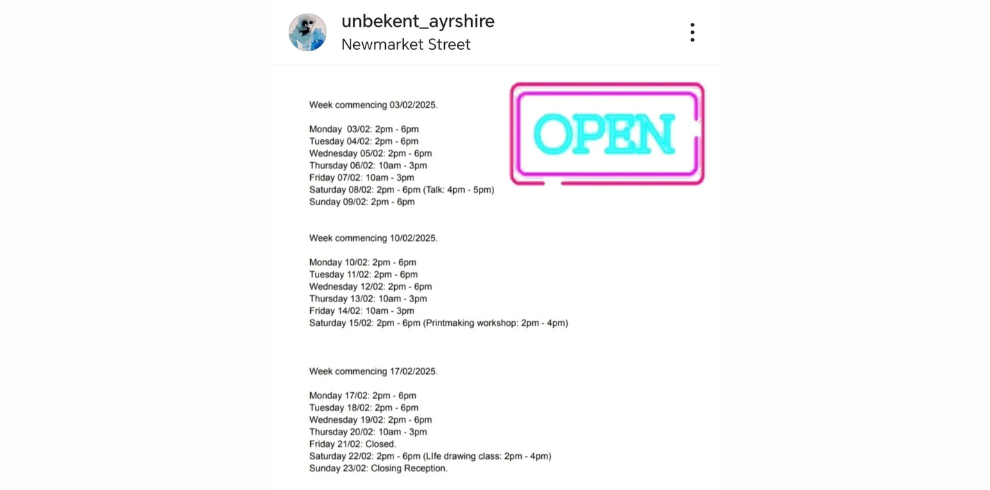 UNBEKENT Ayrshire opening hours.