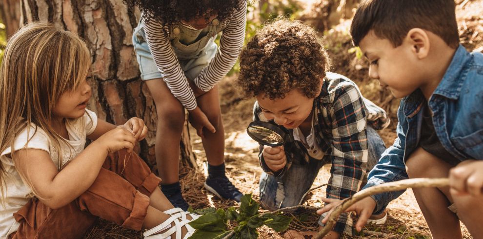 An image of children in a forest looking at nature with a magnifying glass.