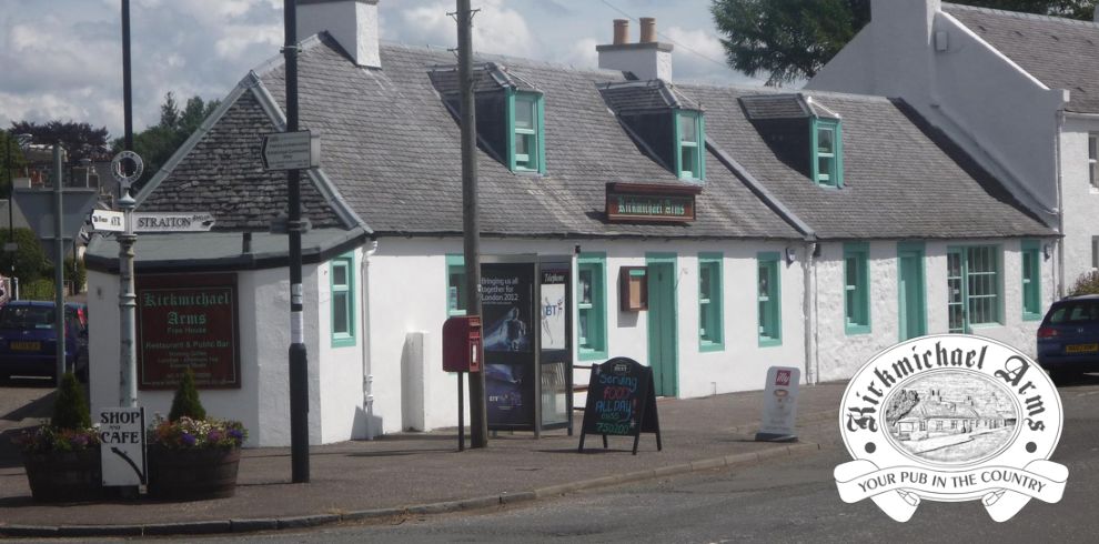 An image of the front of the Kirkmichael Arms. Restaurant/Pub.