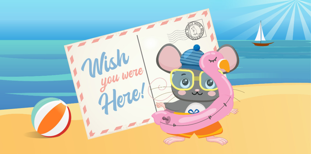 An illustration of Tiny Tam, a cute cartoon mouse, on a sandy beach with the ocean and a sailboat in the background. Tiny Tam is wearing yellow sunglasses, a blue-striped beanie with a pompom, and orange shorts. He has a pink flamingo-shaped inflatable ring around his body. To the left, a colourful beach ball rests on the sand. Behind him, a large postcard with a red and blue border reads "Wish you were here!" in a playful font, with a stamp in the top right corner that features a tiny mouse illustration. The scene has a bright and cheerful summer vibe.