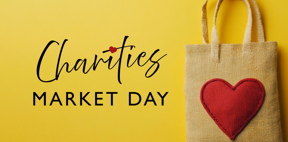 Charities Market Day text against a bright yellow background next to a tote bag with a love heart