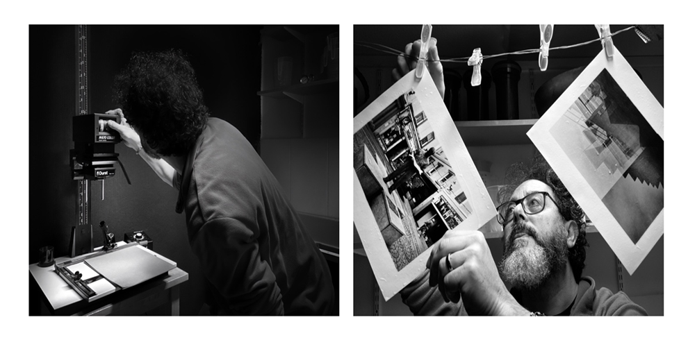 A black-and-white diptych showing a man working in a darkroom. In the left image, he adjusts an enlarger, preparing photographic paper for exposure. The room is dimly lit, highlighting his focused posture. In the right image, the same man, now wearing glasses, examines two photographic prints hanging on a line with clothespins, carefully inspecting the details of his work. Both scenes capture the traditional process of darkroom photo development.