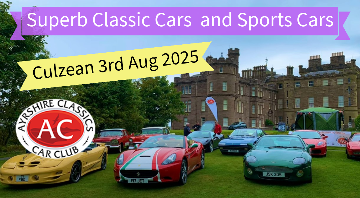 An image of various classic and sports cars parked outside Culzean Castle. There is text that says 'Culzean 3rd August 2025'.