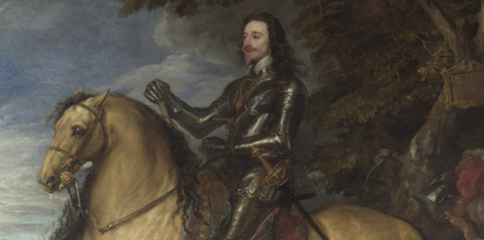 A historical oil painting depicting a regal man in full black armor riding a light tan horse. The man has long dark curly hair and a pointed beard, and he sits confidently with one hand raised. He wears a decorative sword at his side. The background includes a dramatic sky, leafy trees, and a partially visible sign on the right side with Latin text. Other figures in armor are faintly visible in the background, suggesting a military setting.