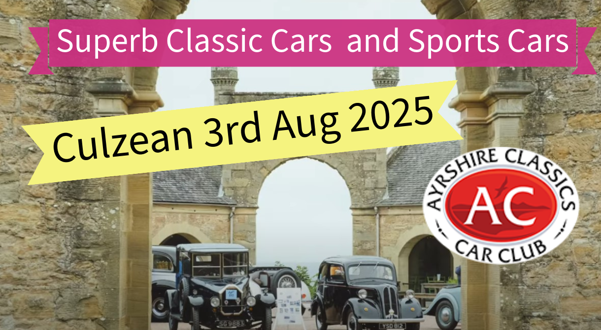 An image of various classic cars at Culzean Castle. There is text that says 'Culzean 3rd August 2025'.