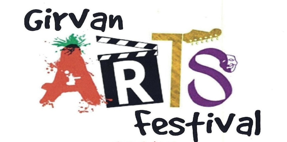 Girvan Arts Festival logo with the words ‘Girvan Arts Festival’ in playful, hand-drawn lettering. Each letter of the word ‘ARTS’ is stylised: the ‘A’ appears as a red paint splash, the ‘R’ is inside a black film clapperboard, the ‘T’ is gold with a guitar headstock at the top, and the ‘S’ is purple shaped like a theatrical mask. The background is white.
