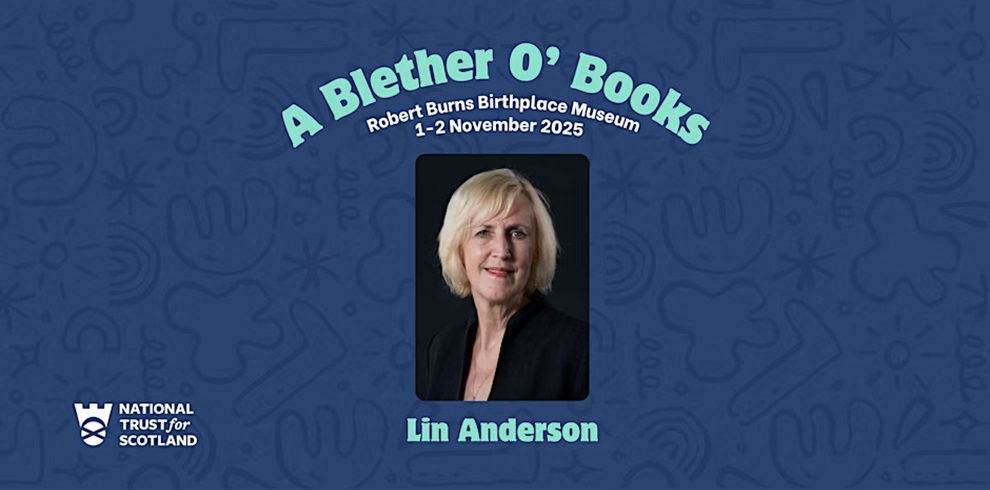 Promotional graphic for "A Blether O’ Books" event at the Robert Burns Birthplace Museum, taking place on 1–2 November 2025. The image features a portrait of Lin Anderson, a woman with short blonde hair wearing a black outfit, smiling slightly. Her name appears in bold aqua blue text below the photo. The background is blue with abstract patterns, and the National Trust for Scotland logo is in the bottom left corner.