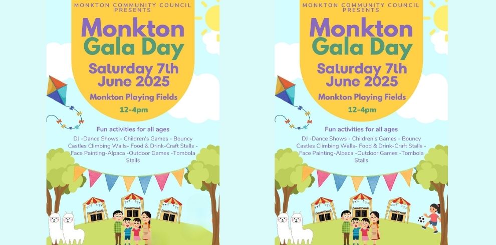Colorful poster for "Monkton Gala Day" on Saturday 7th June 2025, 12–4pm at Monkton Playing Fields. Features fun illustrations of children, alpacas, kites, bunting, and stalls. Activities listed include DJ, dance shows, children's games, bouncy castles, food, crafts, face painting, alpacas, and more.
