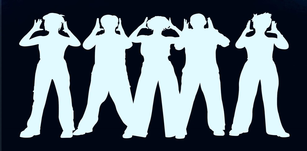 Five silhouettes of people standing side by side against a dark background. Each silhouette is in a different pose, with hands placed near the head or ears in various positions. The figures are evenly spaced and appear to be performing some form of synchronized gesture or dance move.