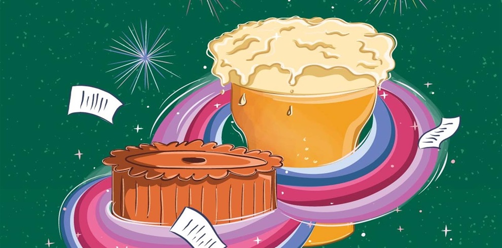 A colorful, whimsical illustration featuring a beer mug with frothy foam and a pie, surrounded by swirling, multicolored ribbons resembling a cosmic scene. Floating pieces of paper encircle the objects, set against a green background with star-like sparkles.