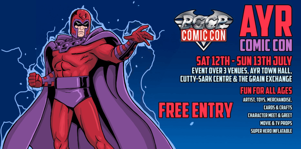 A promotional image for Ayr Comic Con by BGCP, featuring a cartoon-style superhero character in red and purple costume. The event runs from Saturday 12th to Sunday 13th July across three venues: Ayr Town Hall, Cutty-Sark Centre, and The Grain Exchange. It highlights free entry and activities for all ages, including artists, toys, merchandise, cards & crafts, character meet & greets, movie & TV props, and a superhero inflatable. Bold red and white text is set against a blue comic-style background.