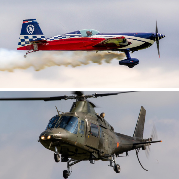 Extra EA-330SC high performance aircraft and Belgian Air Force Augusta 109BA Hirundo helicopter in flight