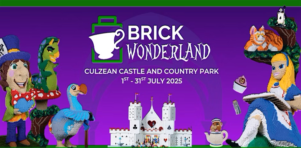 Promotional banner for "Brick Wonderland" at Culzean Castle and Country Park, running from 1st to 31st July 2025. The design features colorful LEGO sculptures of characters from Alice's Adventures in Wonderland, including the Mad Hatter, a green caterpillar, the Dodo, and Alice reading a book. The Queen of Hearts' castle is shown in the center with flags and decorations. The background is a vibrant purple with green borders, and the event logo includes a stylized white teacup and LEGO brick.