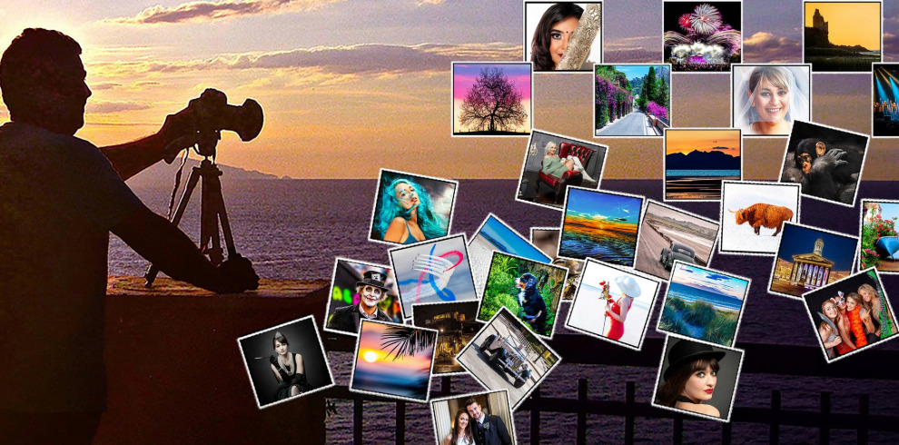 Photographer standing against a sunset ready to take a photograph. Collage of images overlaid on the background.