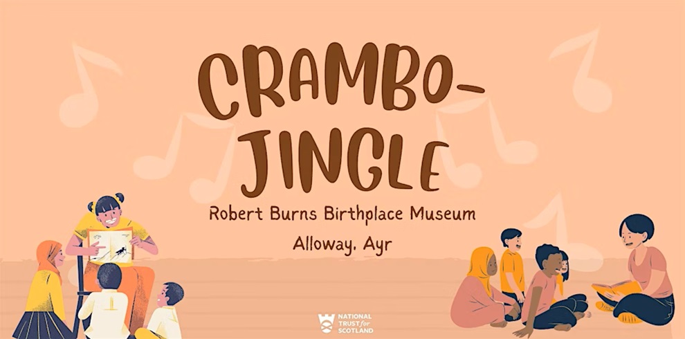 Illustrated promotional poster for “Crambo-Jingle” at the Robert Burns Birthplace Museum in Alloway, Ayr. The design features a warm peach and orange background with musical notes scattered throughout. Children are shown sitting in groups, listening and engaging, with one adult reading or leading an activity. The National Trust for Scotland logo appears at the bottom. The image suggests a fun, interactive musical or storytelling event for children.