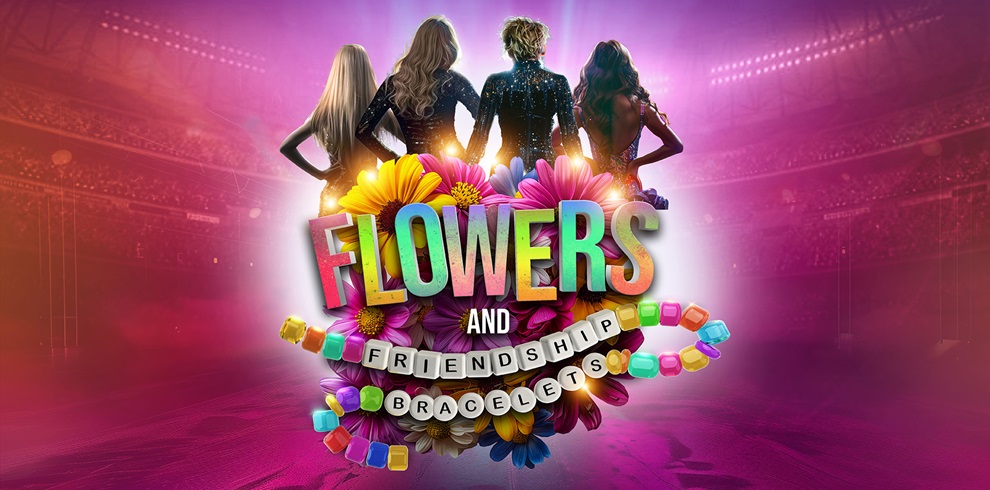 Four female performers stand with their backs to the viewer, facing a brightly lit concert stage in a large stadium. They are framed by a vibrant explosion of colorful flowers and oversized beaded friendship bracelets. Bold, multi-colored text in the center reads "FLOWERS AND FRIENDSHIP BRACELETS," with the word "FRIENDSHIP" spelled out on black-and-white letter beads. The overall theme is energetic and playful, evoking the spirit of a fun, pop-themed concert event.