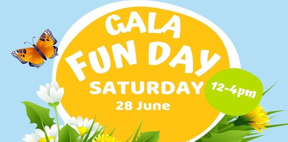Bright and cheerful graphic for a community event. The image features a yellow sun-like circle with bold white text that reads "GALA FUN DAY" and "SATURDAY 28 June." A green sticker-style shape overlaps the sun and says "12–4pm" in white. The background is sky blue with illustrations of white daisies, yellow flowers, green leaves, and a vibrant orange butterfly, giving a summery, festive feel.