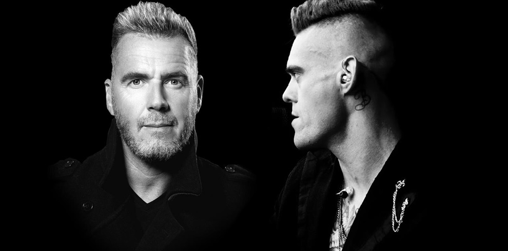 A black-and-white composite image featuring two men. On the left, a man with short, styled hair and a trimmed beard faces the camera directly, wearing a dark coat with a serious but calm expression. On the right, a second man is shown in profile, facing left. He has a distinctive undercut hairstyle with the sides shaved and the top hair styled upwards, visible tattoos on his neck and chest, and an earpiece in his ear. The background is entirely black, emphasizing the contrast and dramatic lighting on their faces.