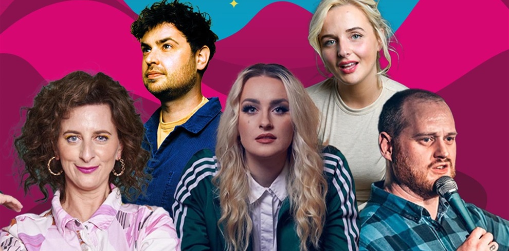 Five people standing in front of a colorful, abstract background with pink and blue hues. Each person is dressed in casual clothing, including a striped shirt, a denim jacket, and a green jacket. Their faces are blurred for privacy.