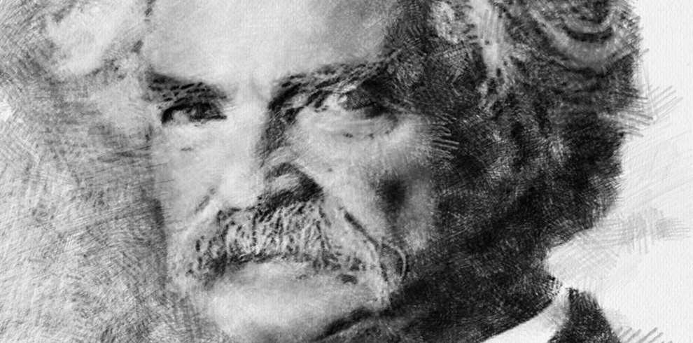 A black-and-white sketch-style portrait of Mark Twain, featuring his intense gaze, thick bushy mustache, and curly hair. The image is textured with visible pencil or charcoal strokes, giving it a dramatic, hand-drawn effect. Twain is dressed in formal attire, with part of a white collar visible.