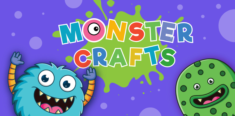 Colorful cartoon-style banner for 'Monster Crafts'. The text is bold and playful, with each letter in a different bright color and style. A green splat sits behind the text on a purple background with light purple circles. On the left, a blue, furry monster with big eyes and striped orange arms raises its hands excitedly. On the right, a green, polka-dotted monster smiles cheerfully.
