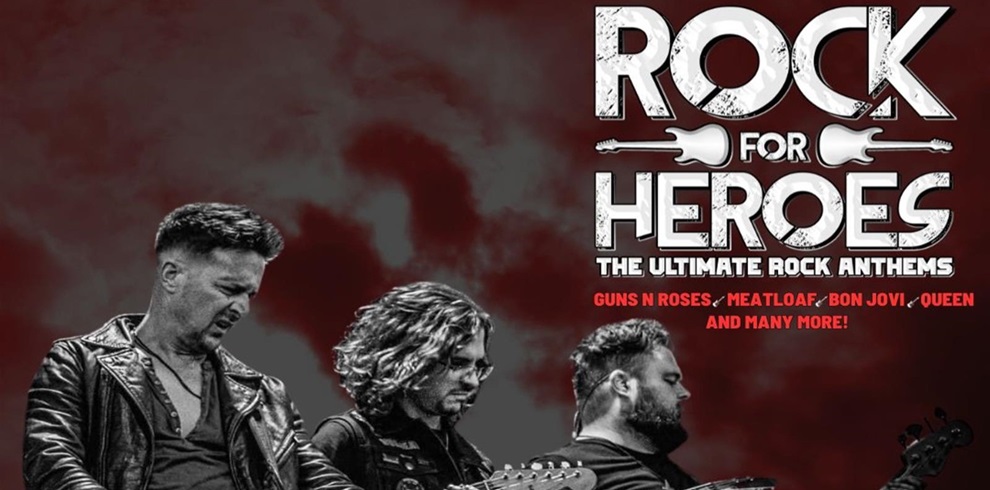 A promotional poster for 'Rock for Heroes: The Ultimate Rock Anthems.' It features three musicians playing guitars, with their faces obscured. The background is a dark, cloudy sky. The text on the right side of the image reads: 'ROCK FOR HEROES THE ULTIMATE ROCK ANTHEMS GUNS N ROSES, MEATLOAF, BON JOVI, QUEEN AND MANY MORE.